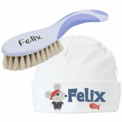 Schnullireich Geschenkset Mit Namen NUK Baby Bürste Mit Namen + Baby Mütze Pirat Blau